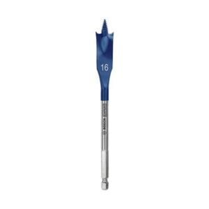 A blue drill bit on a white background paired with safety boots.